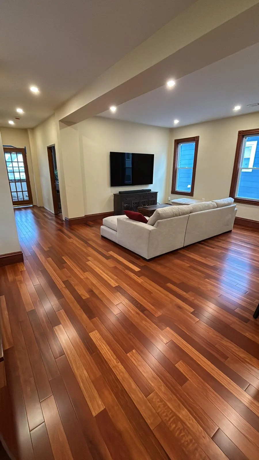 Warm hardwood living room, refinished